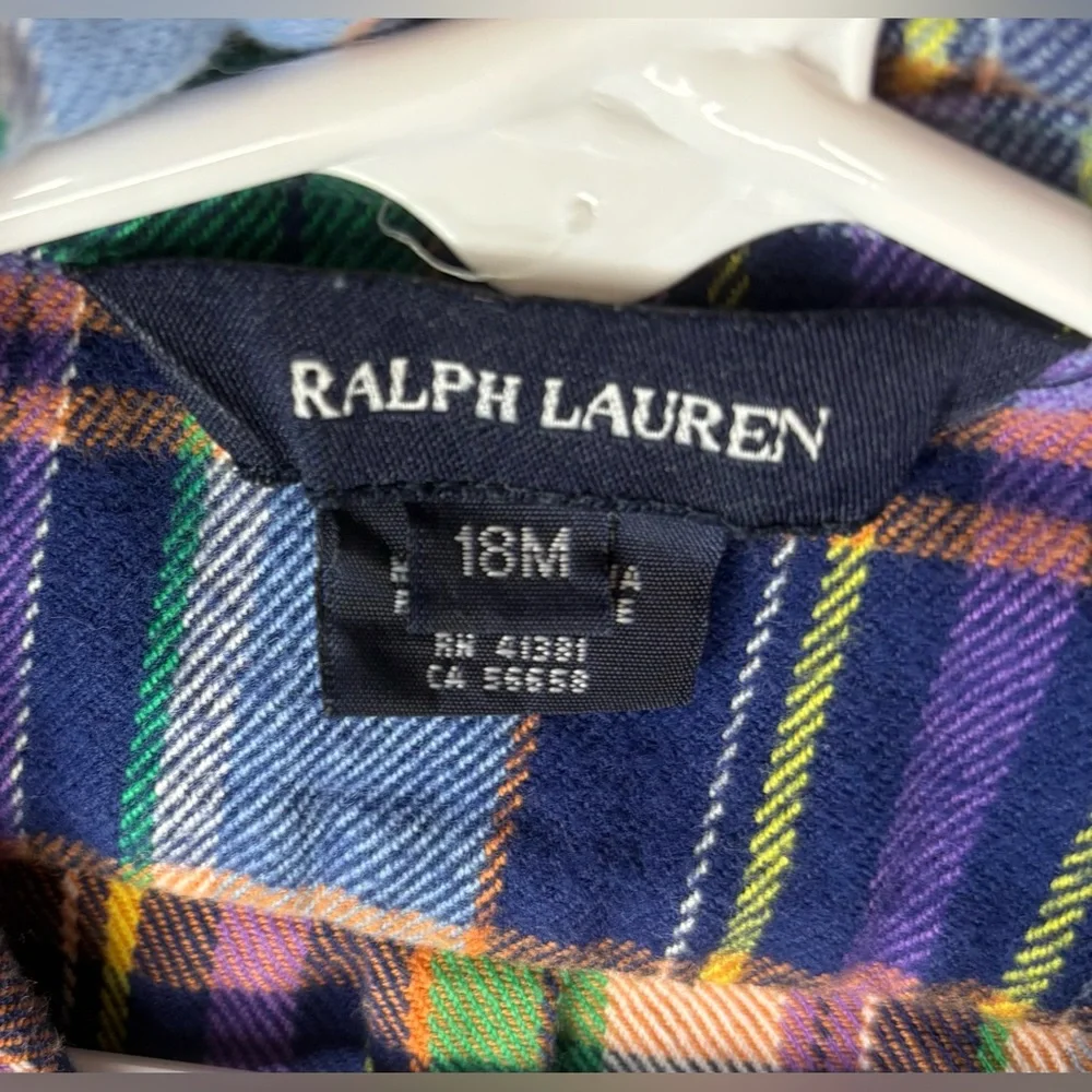 Ralph Lauren Baby Girl Blue/Green Plaid Flannel Ruffle Shirt Dress 18mon
